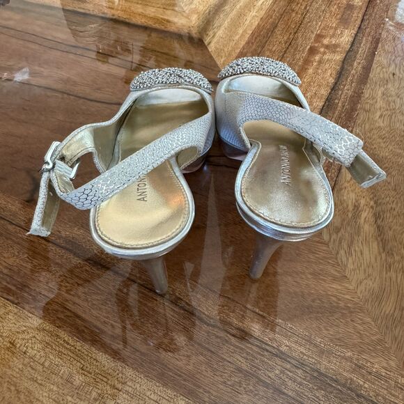 Antonio Melani Silver Peep Toe Kitten Heels Rhinestone Detail Silver Snakeskin - Picture 4 of 8